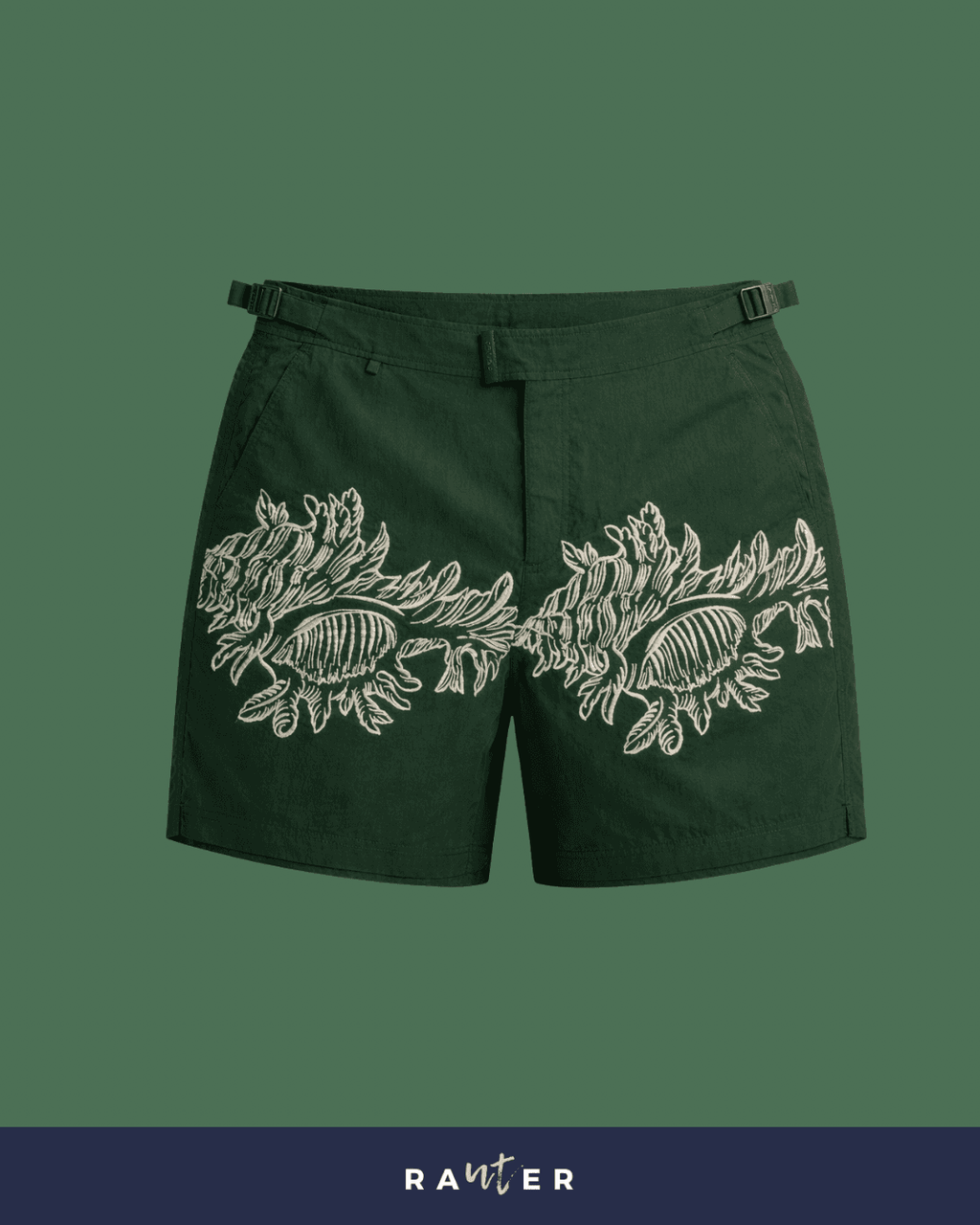 Short de praia masculino RAUTER CORAIS MÉDIOS em bordado industrial de corais sobre nylon reciclado, caimento médio.