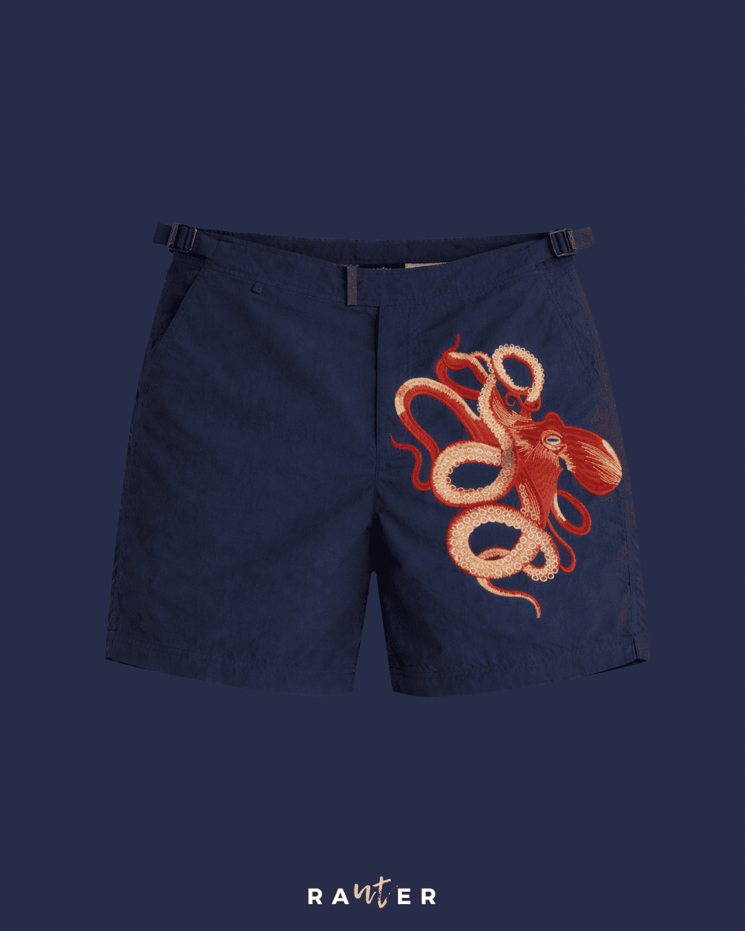 Short de praia masculino RAUTER POLVO MÉDIO em bordado industrial de polvo sobre nylon reciclado, caimento médio.