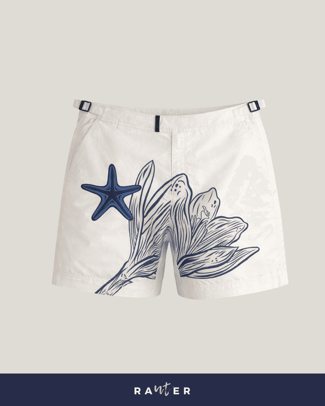 Short de praia masculino RAUTER ESTRELA-DO-MAR E FLOR MÉDIO em sublimação e bordado combinados sobre nylon reciclado, caimento médio.